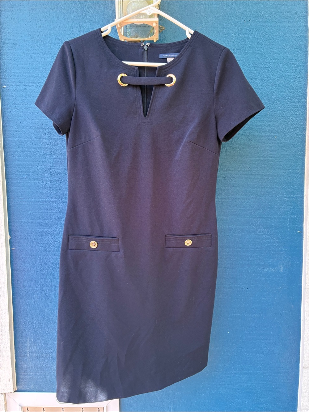 Tommy Hilfiger Navy Short-Sleeve Sheath Dress with Gold Accent